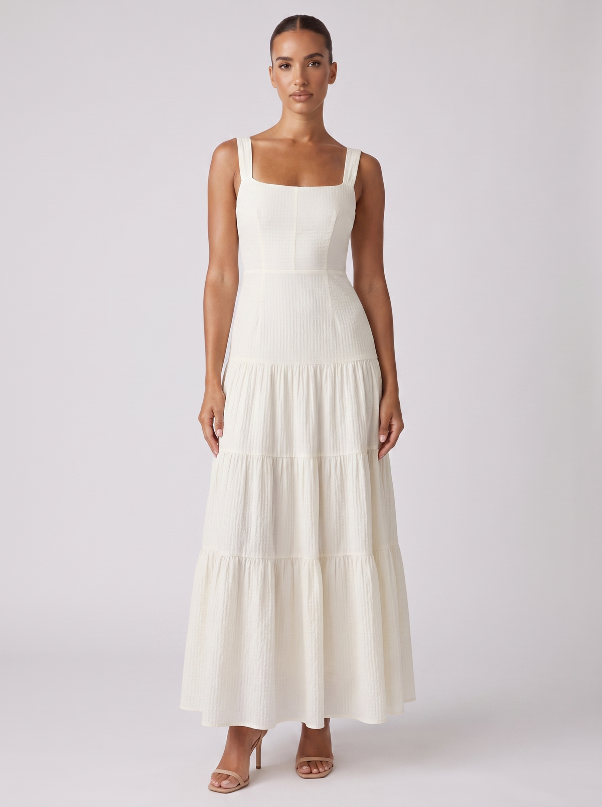 Ibiza Frill Tiered Textured Cami Dress in Ivory White