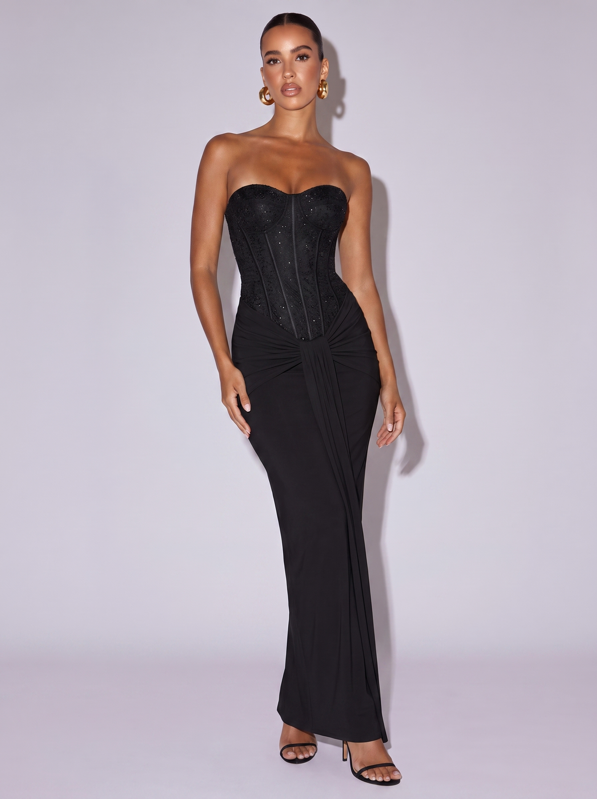 Monaco Embellished Corset Maxi Gown in Black — front