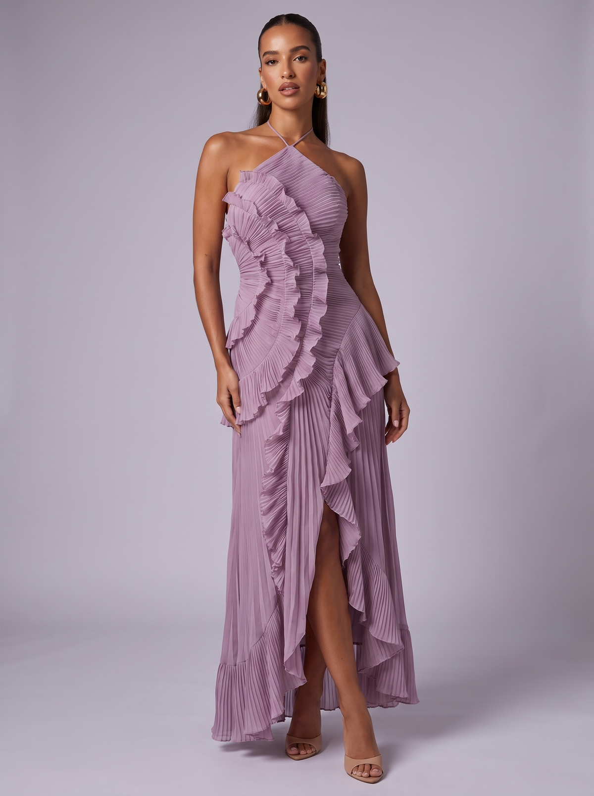 Santorini Pleated Ruffle Maxi Dress in Light Purple — front