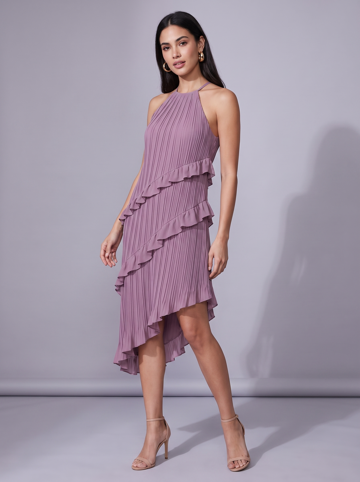 Santorini Pleated Ruffle Maxi Dress in Light Purple — three-quarter