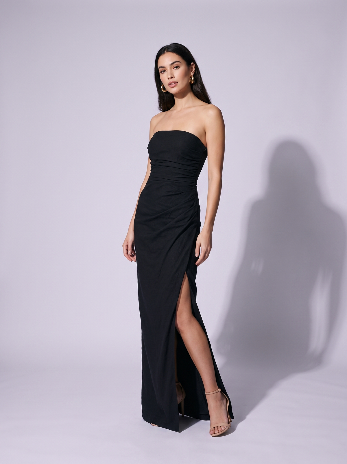 New York Strapless Ruched Slit Gown — black — three-quarter