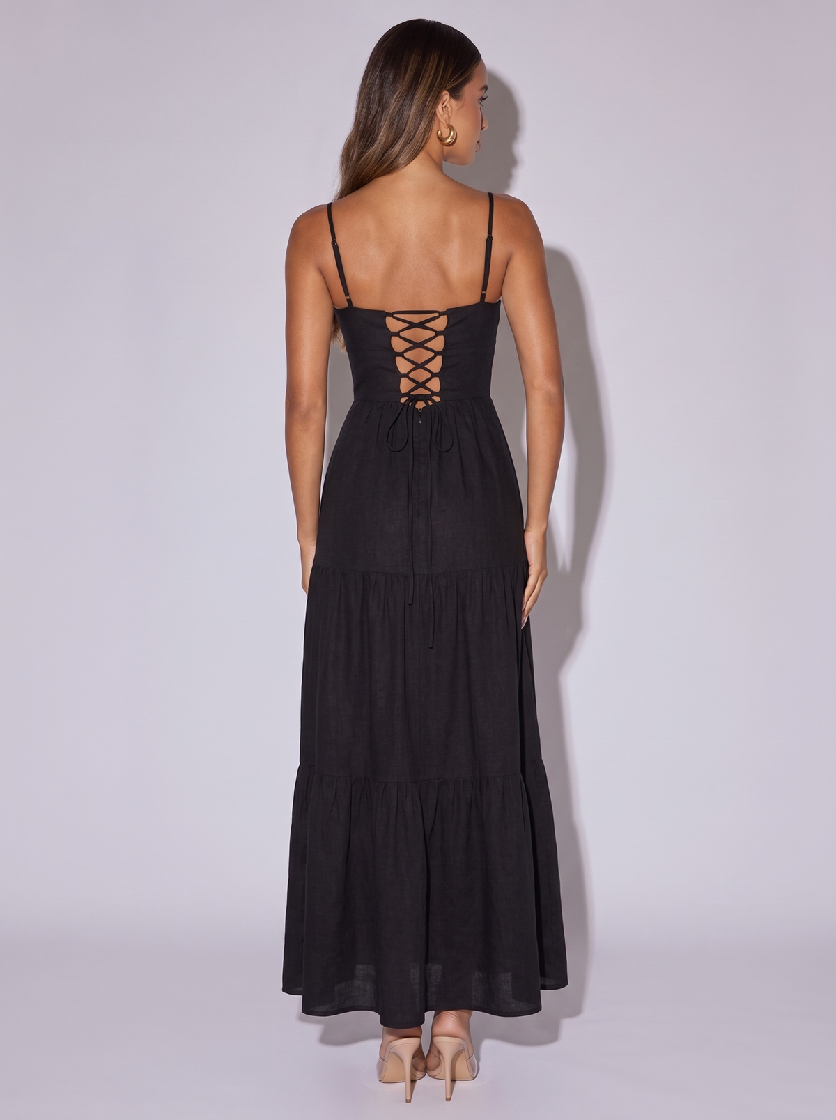 Rome Lace Up Back Cami Dress in Black — back