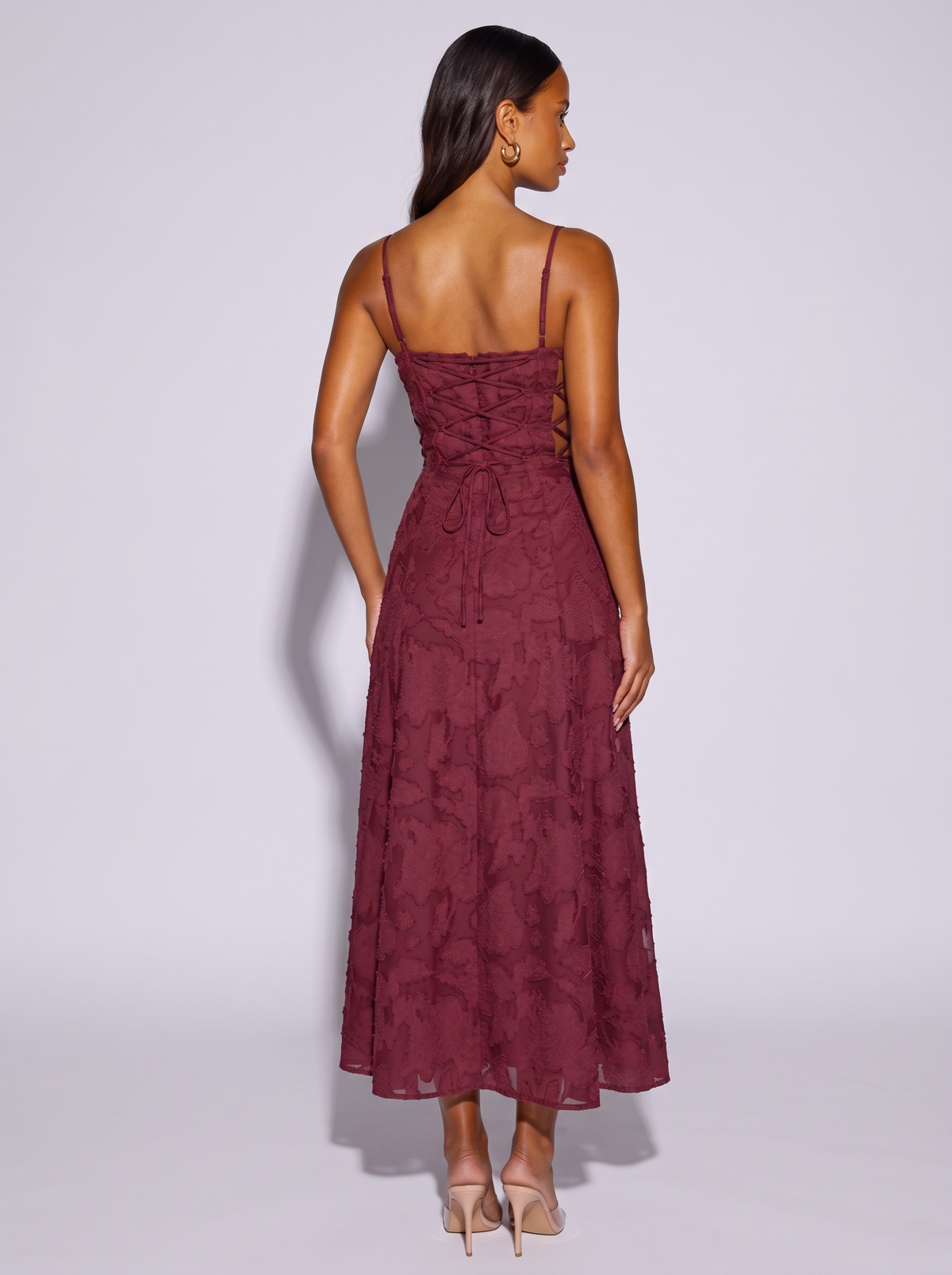 Paris Lace Up Back Spaghetti Strap Dress in Wine Red — back