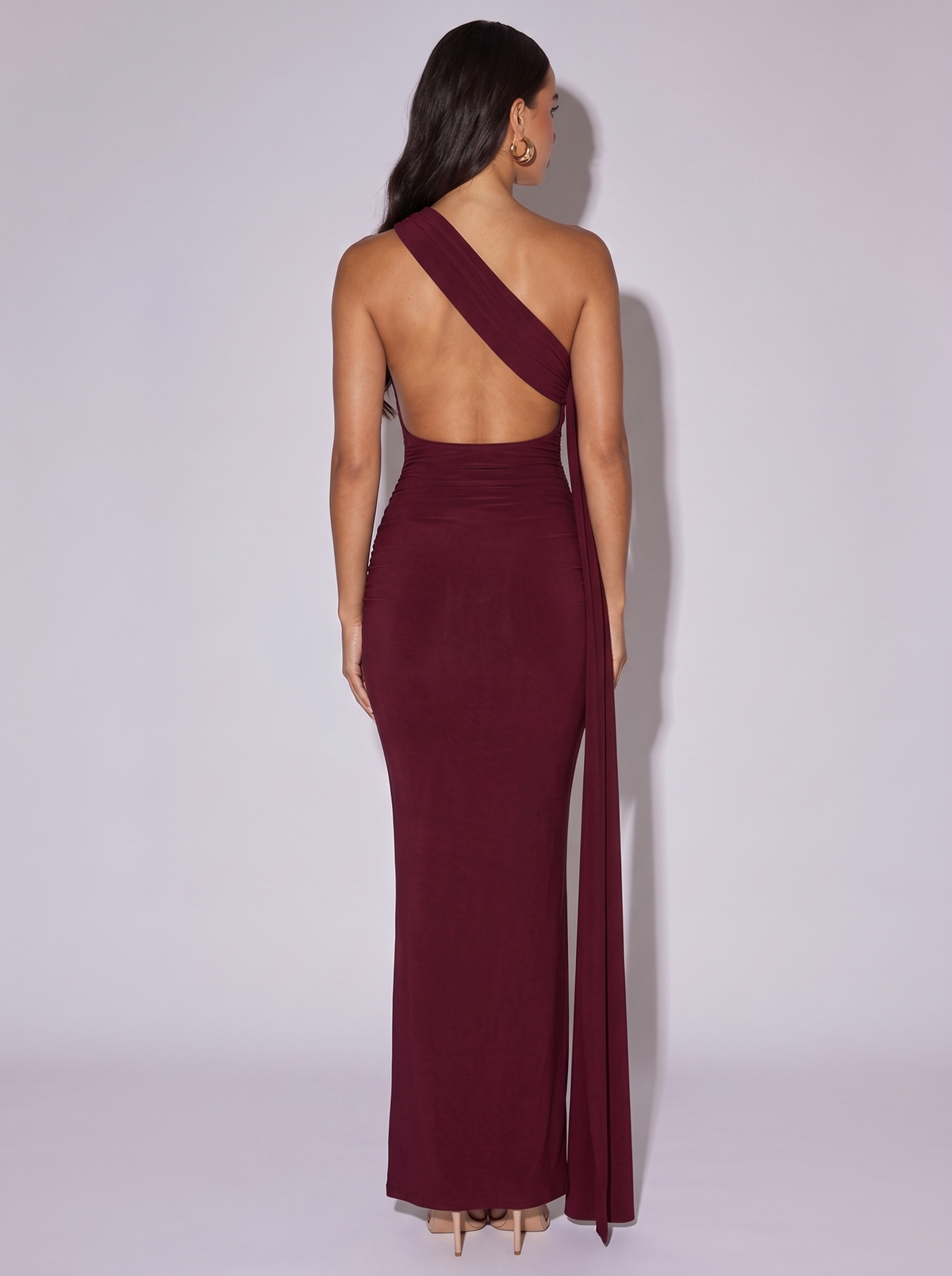 Monaco Backless One-Shoulder Ruched Bodycon Dress in Burgundy — back