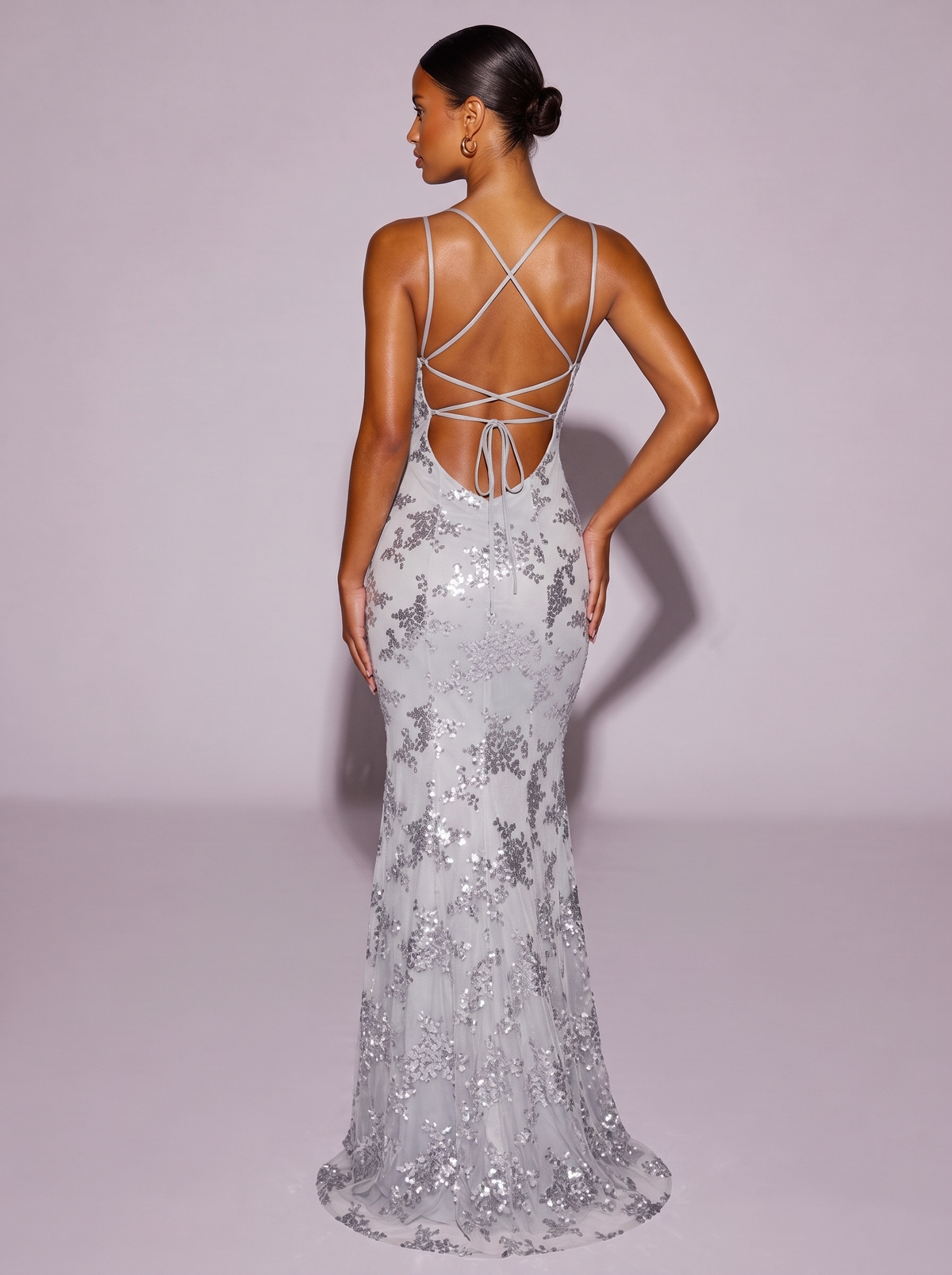Monaco Sequin Tie Back V-Neck Dress in Grey — back