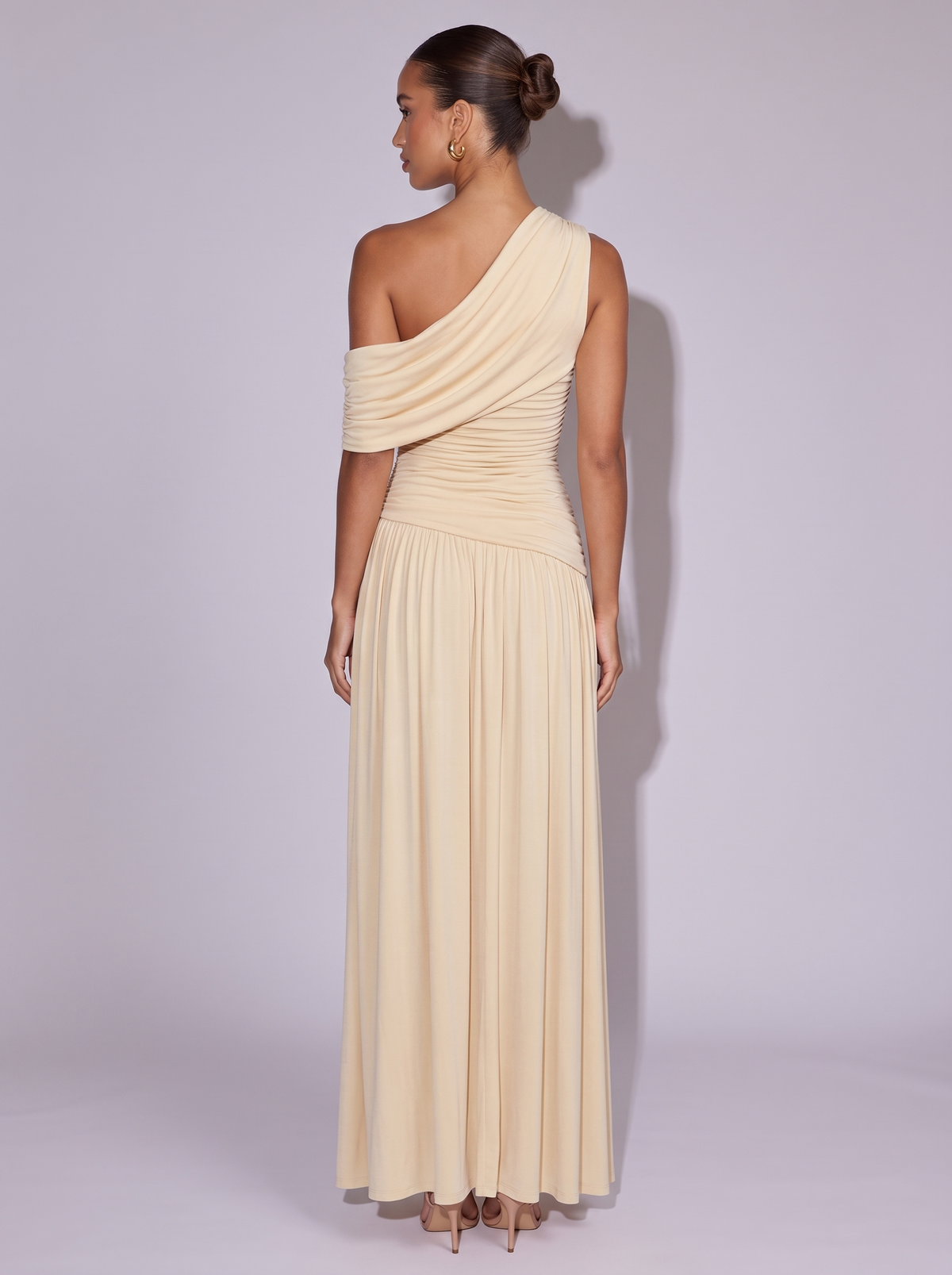 Monaco One-Shoulder Ruched Dress in Beige — back view