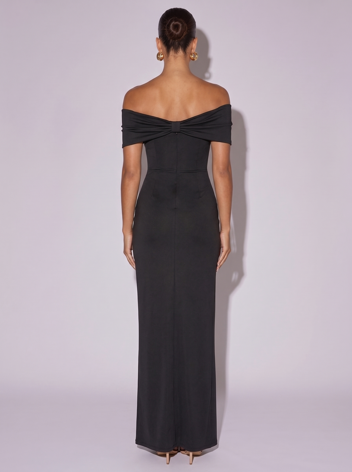 Los Angeles Off-Shoulder Split Dress in Black — back view