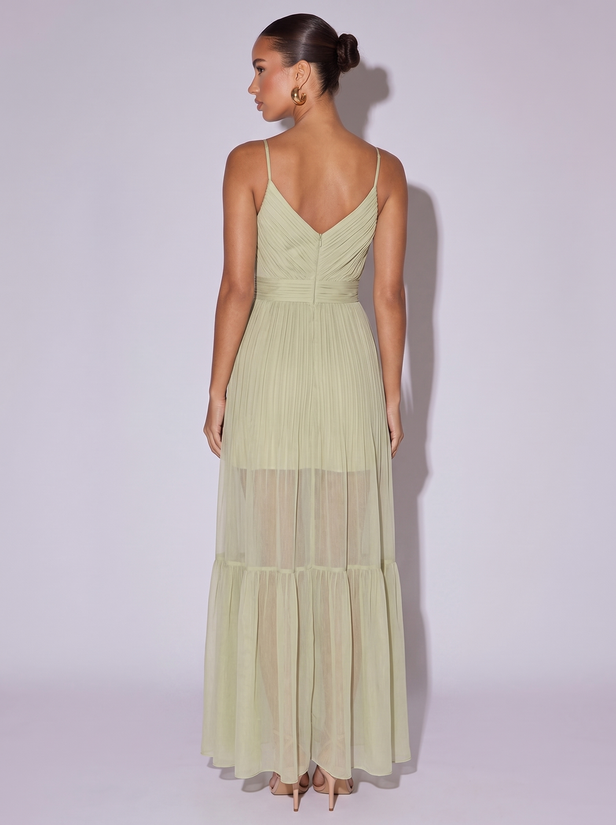 Rome Elegant Pleated Sheer Cami Dress in Green — back view