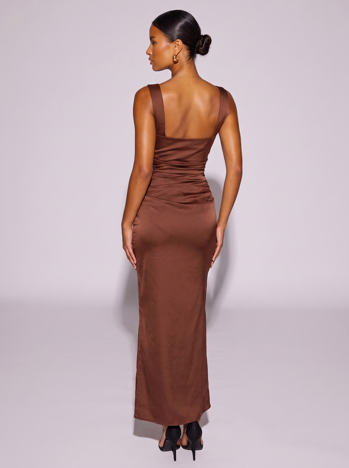 New York Wide Strap Satin Dress in Brown — back view