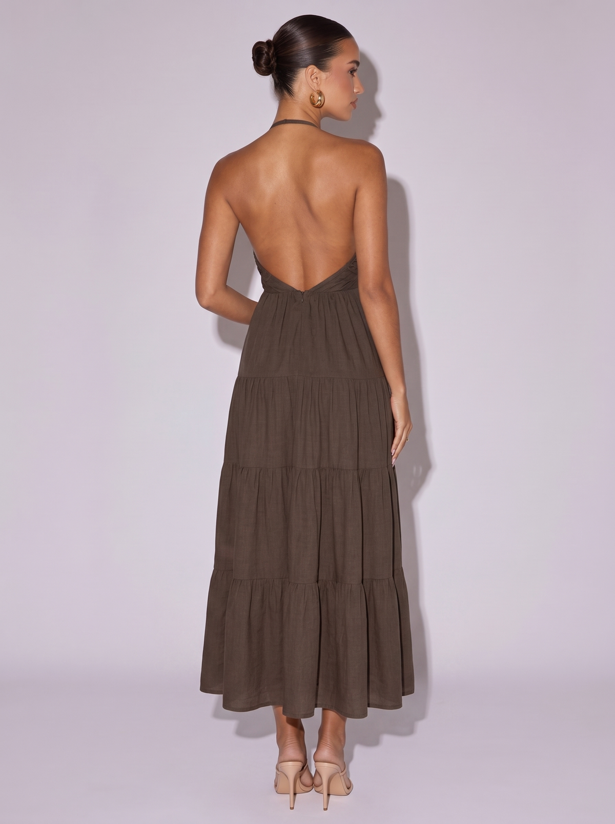 Los Angeles Halter Neck Tiered Dress in Dark Brown — back view