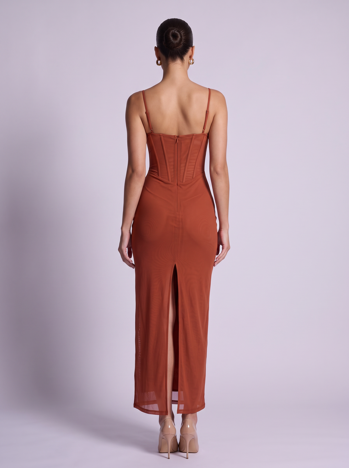 Ibiza Sweetheart Neck Cami Dress in Rust — back view