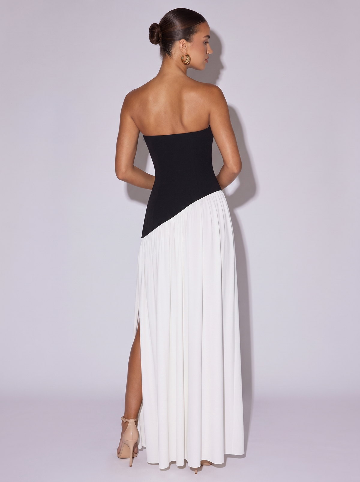 Monaco Slit Asymmetrical Two-Tone Tube Dress in Black And White — back view