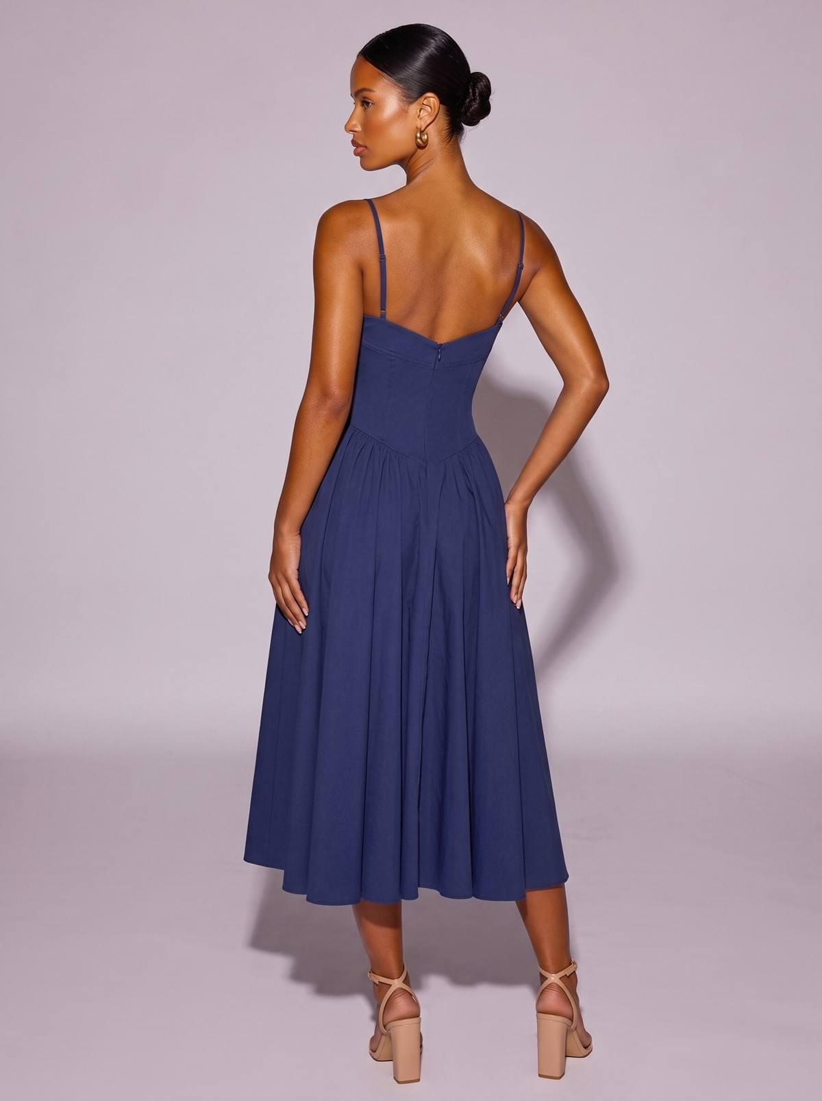 Santorini Sweetheart Neck Ruched Dress in Navy Blue — back view