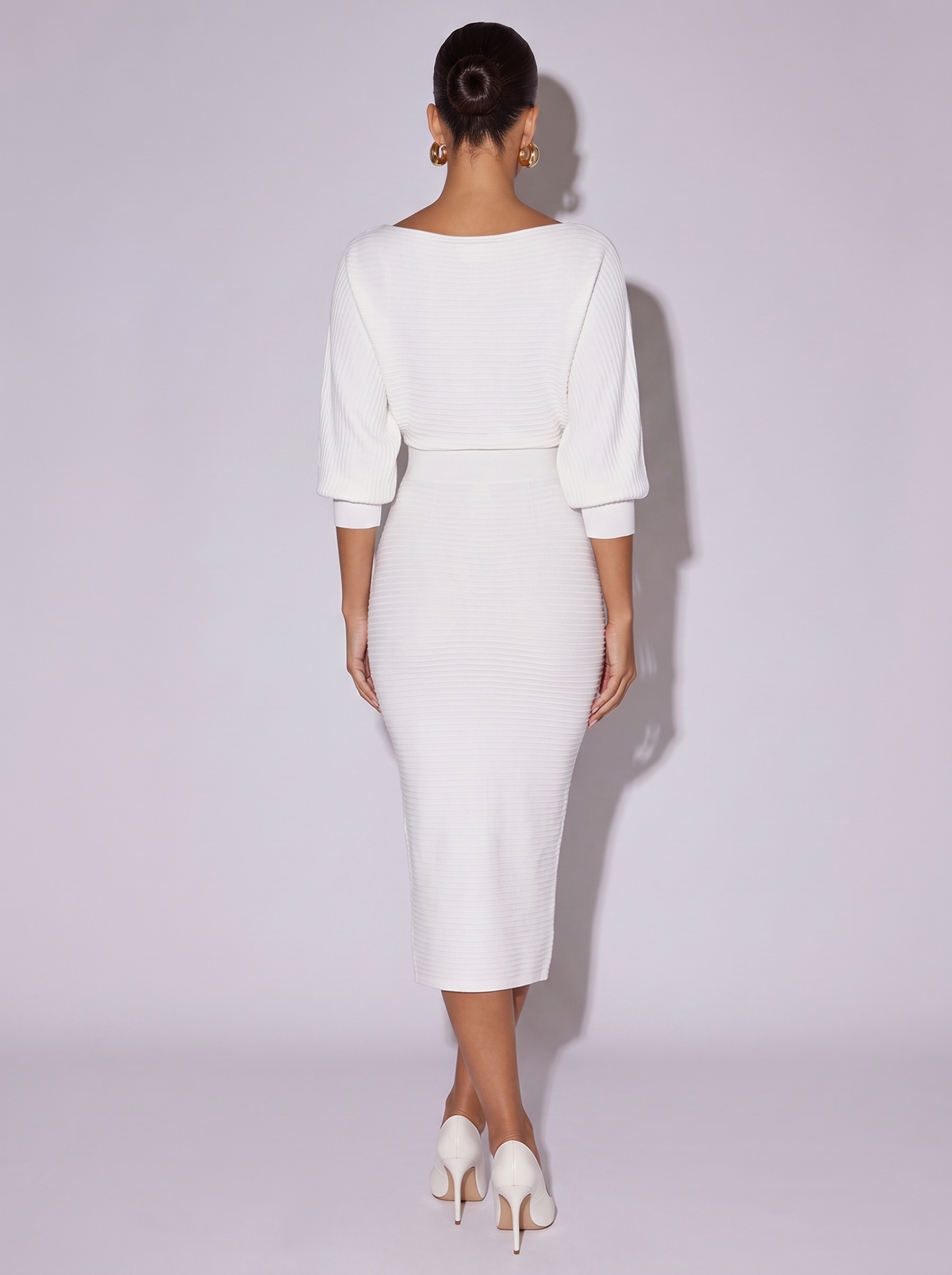 Rome Cowl Neck Knit Bodycon Dress in White — back view