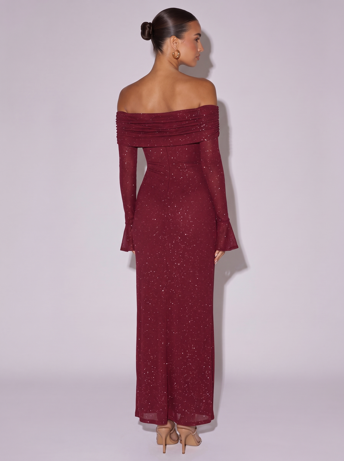New York Glitter Off-Shoulder Dress in Wine Red — back view