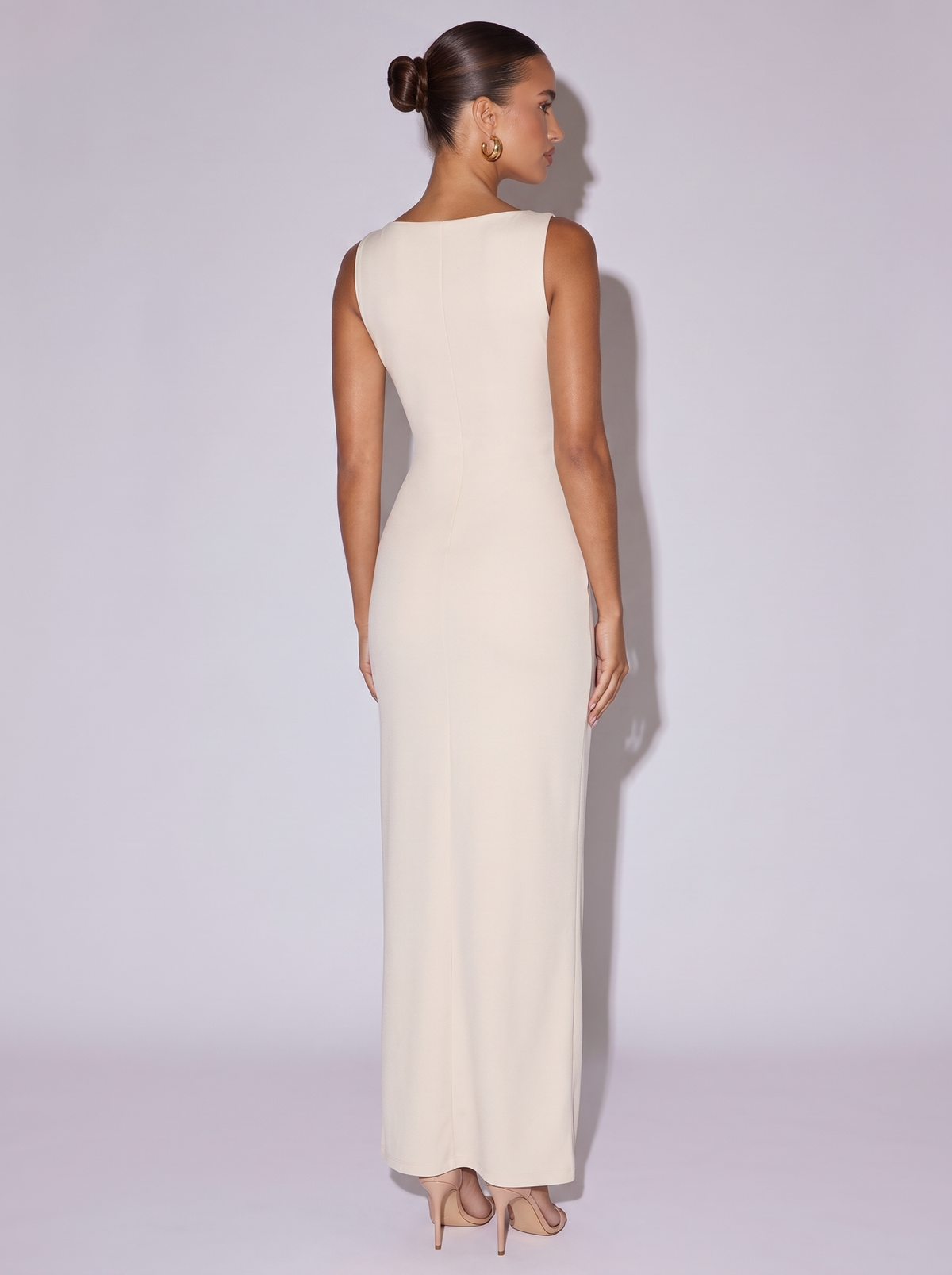 Monaco Sleeveless Drape Dress in Apricot — back view