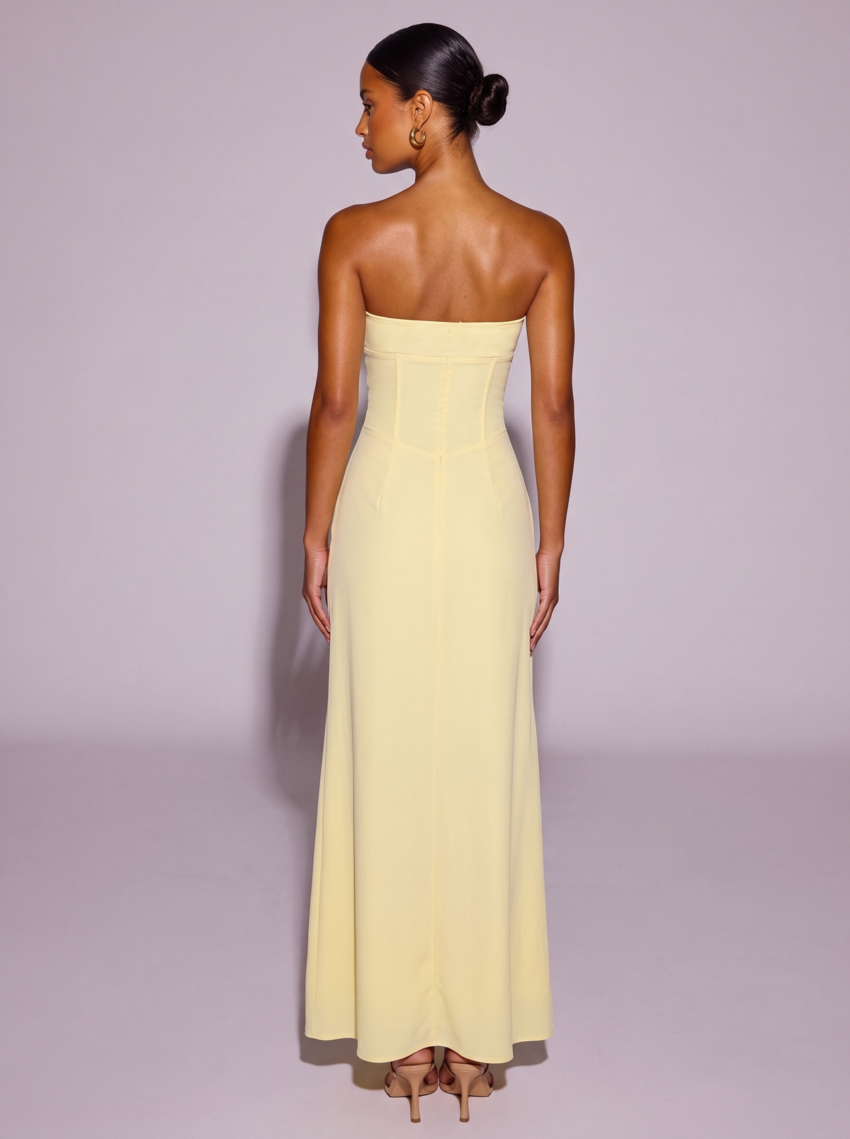 London Tie Front Spaghetti Strap Dress in Pastel Yellow — back view