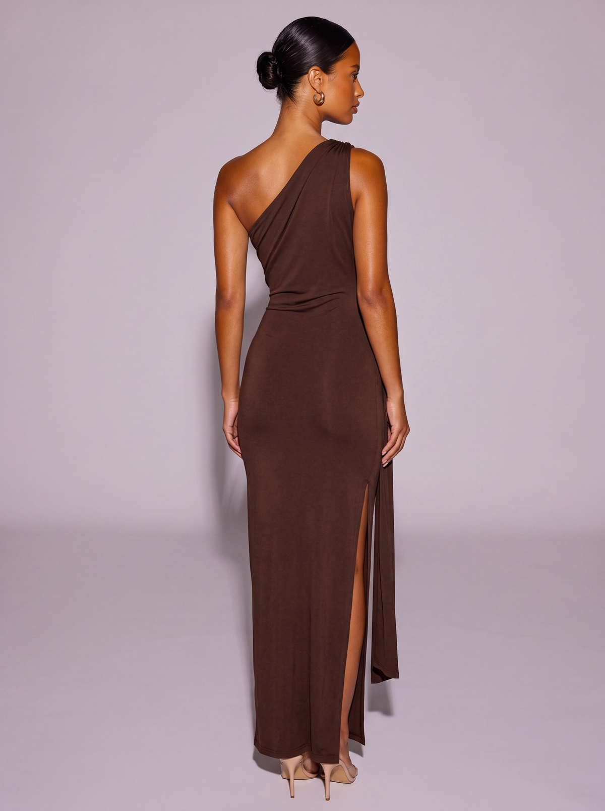 Los Angeles One-Shoulder Draped Dress in Brown — back view
