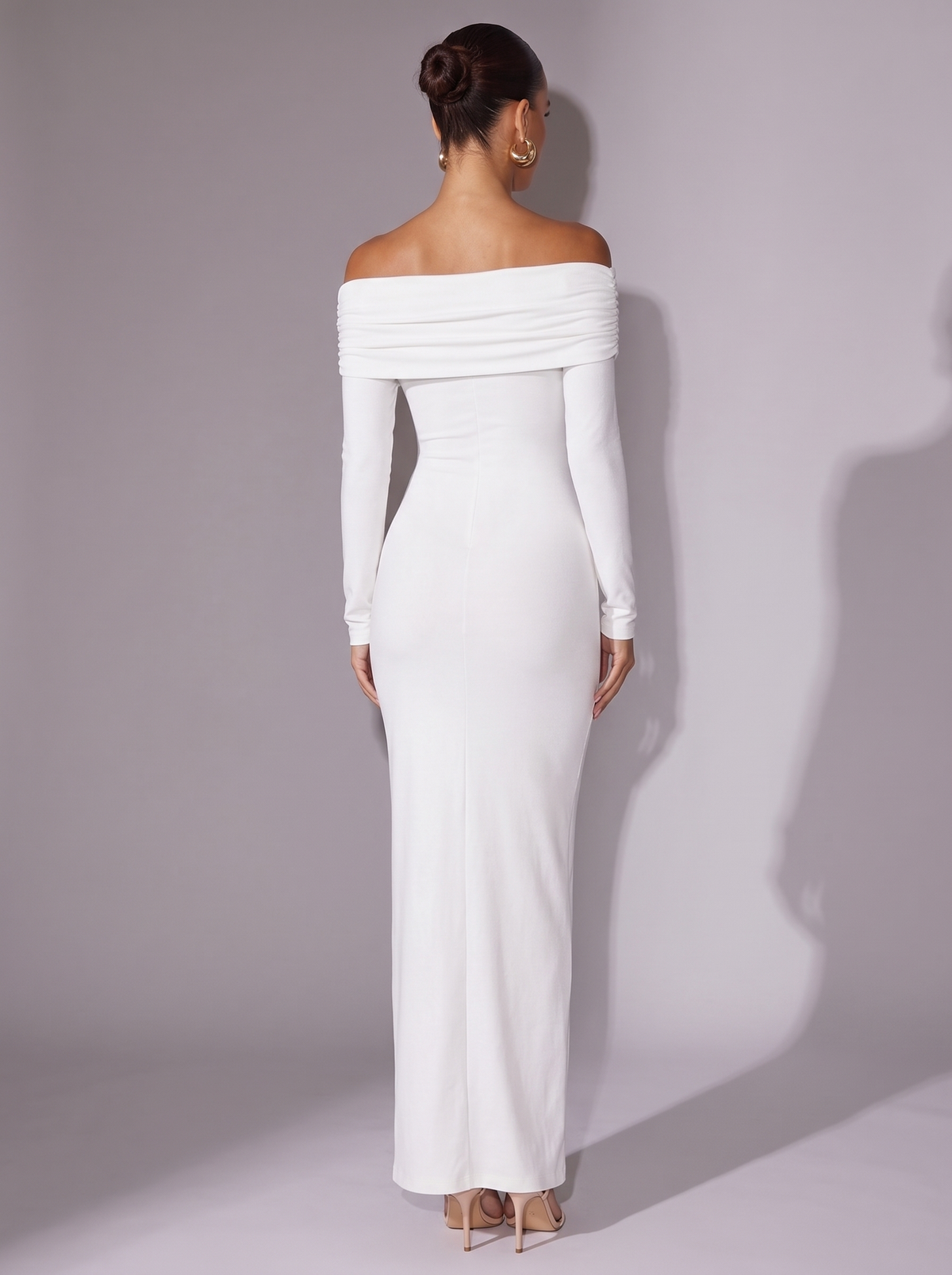 New York Off-Shoulder Long Sleeve Maxi Dress in White — back view