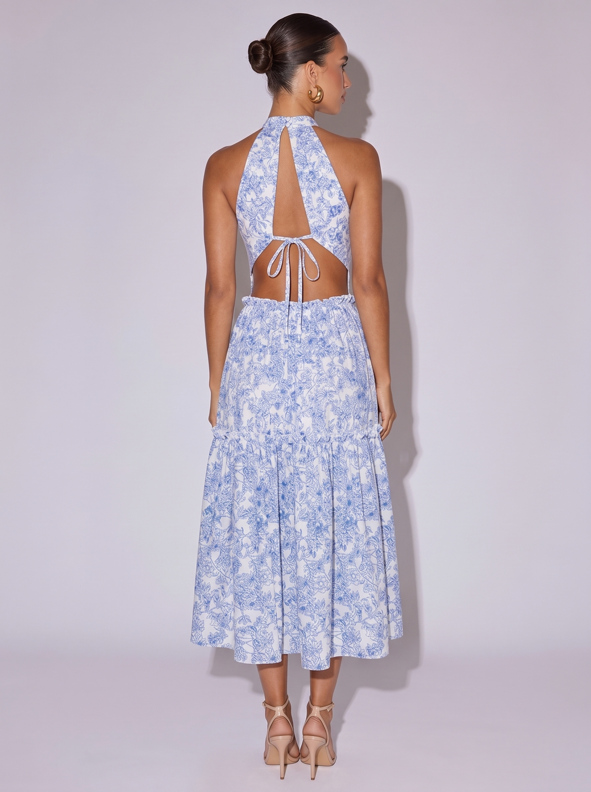 Santorini Floral Print Halter Neck Dress in Blue — back view