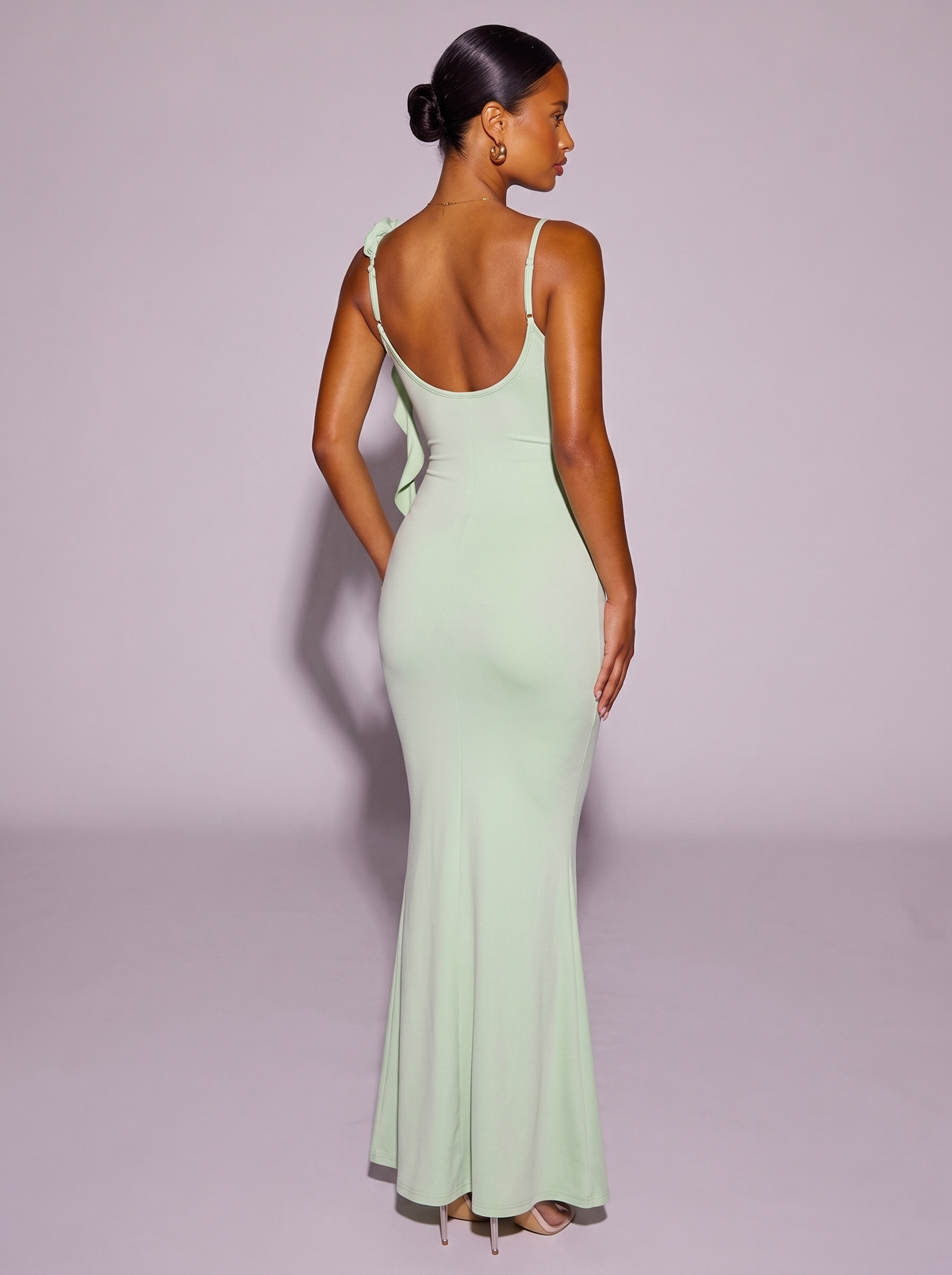 Rome Floral Bodycon Mermaid Dress in Light Green — back view