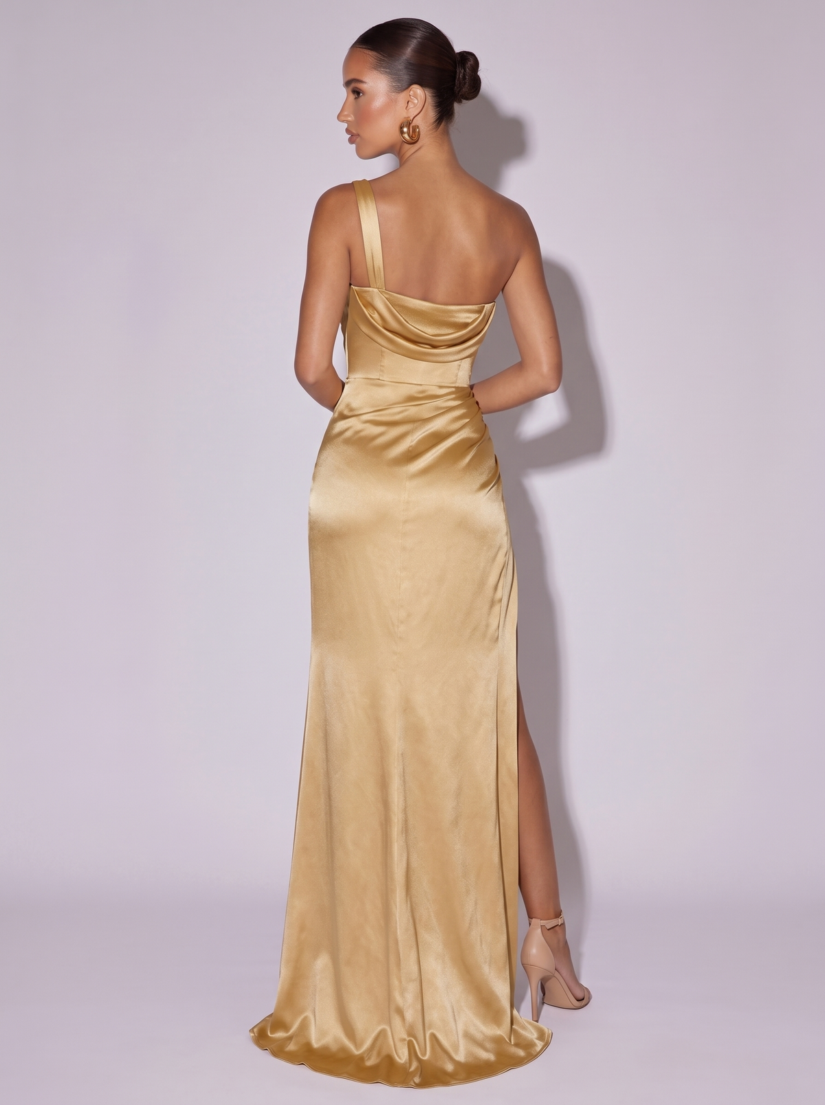 Miami One-Shoulder High Slit Satin Dress in Gold — back view