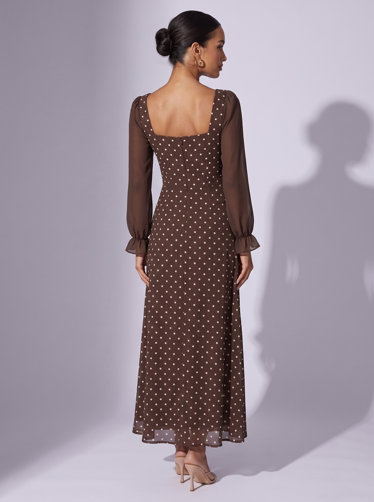 Amsterdam Polka Dot Square Neck Dress in Brown — back view