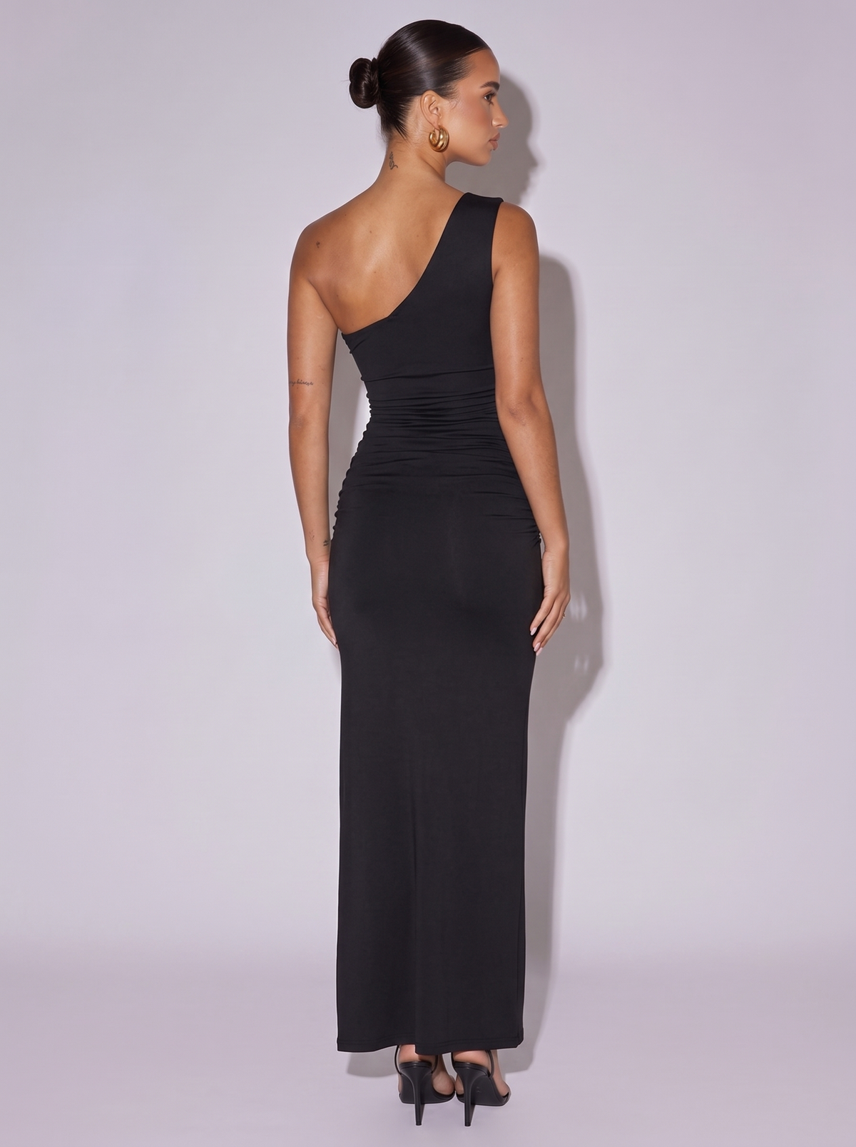 New York One-Shoulder Bodycon Dress in Black — back view