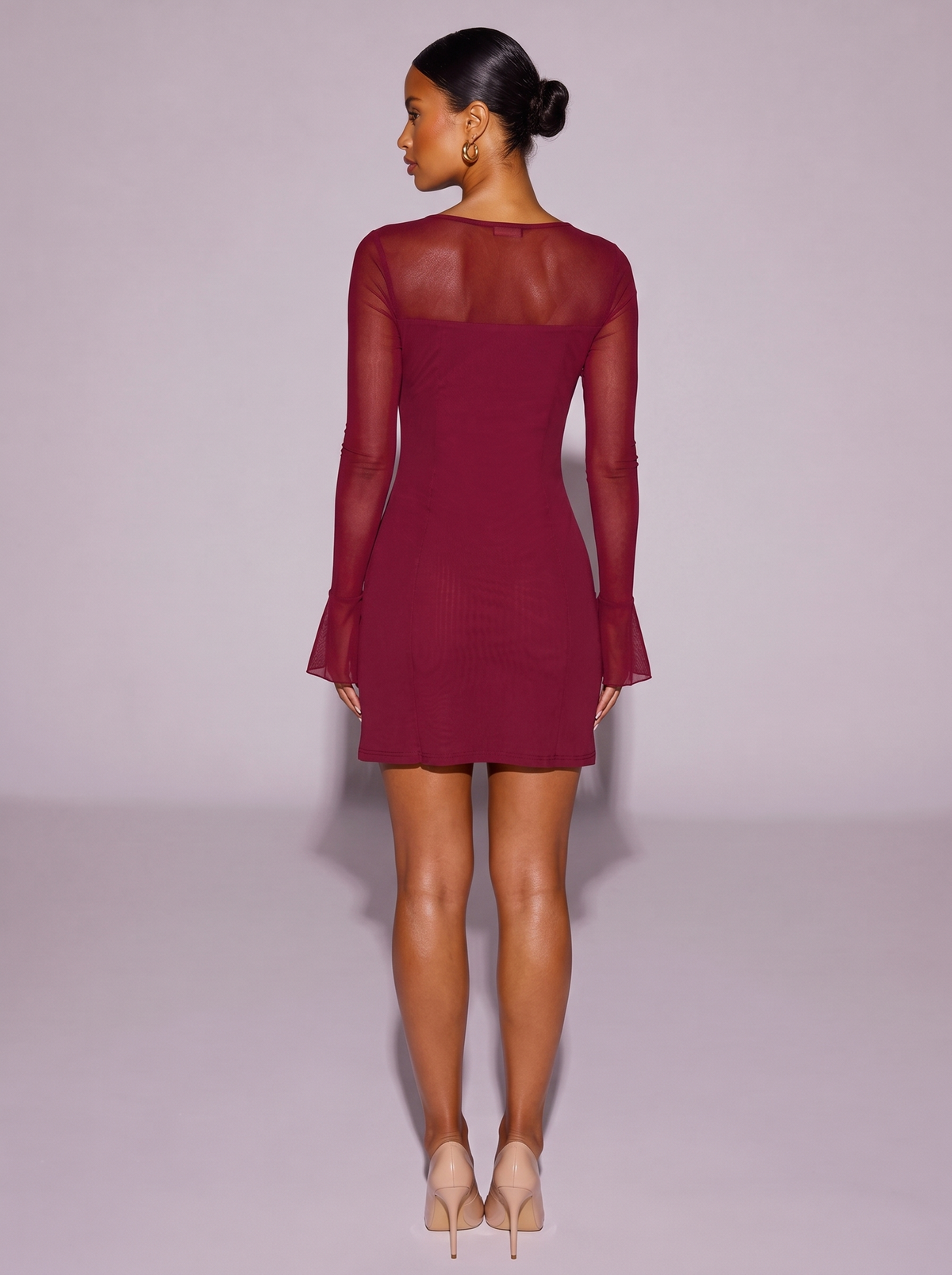 New York Off-Shoulder Long Sleeve Mesh Slit Mini Dress in Burgundy — back view