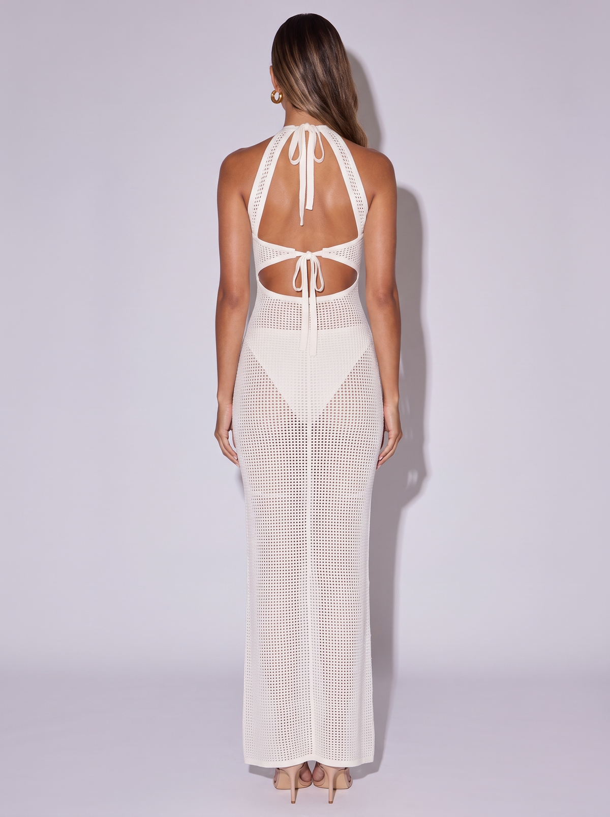 Ibiza Cutout Halter Neck Beach Dress in White — back view