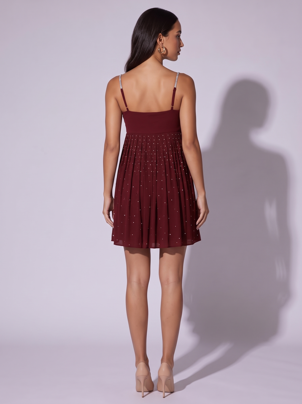 Ibiza Rhinestone Pleated Mini Dress — burgundy — back