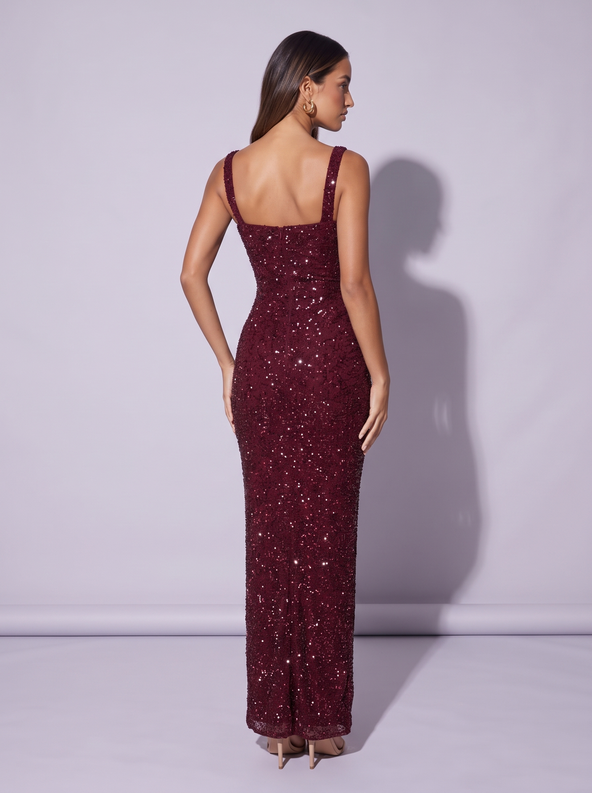 Monaco Beaded Square Neck Gown in Wine Red — back