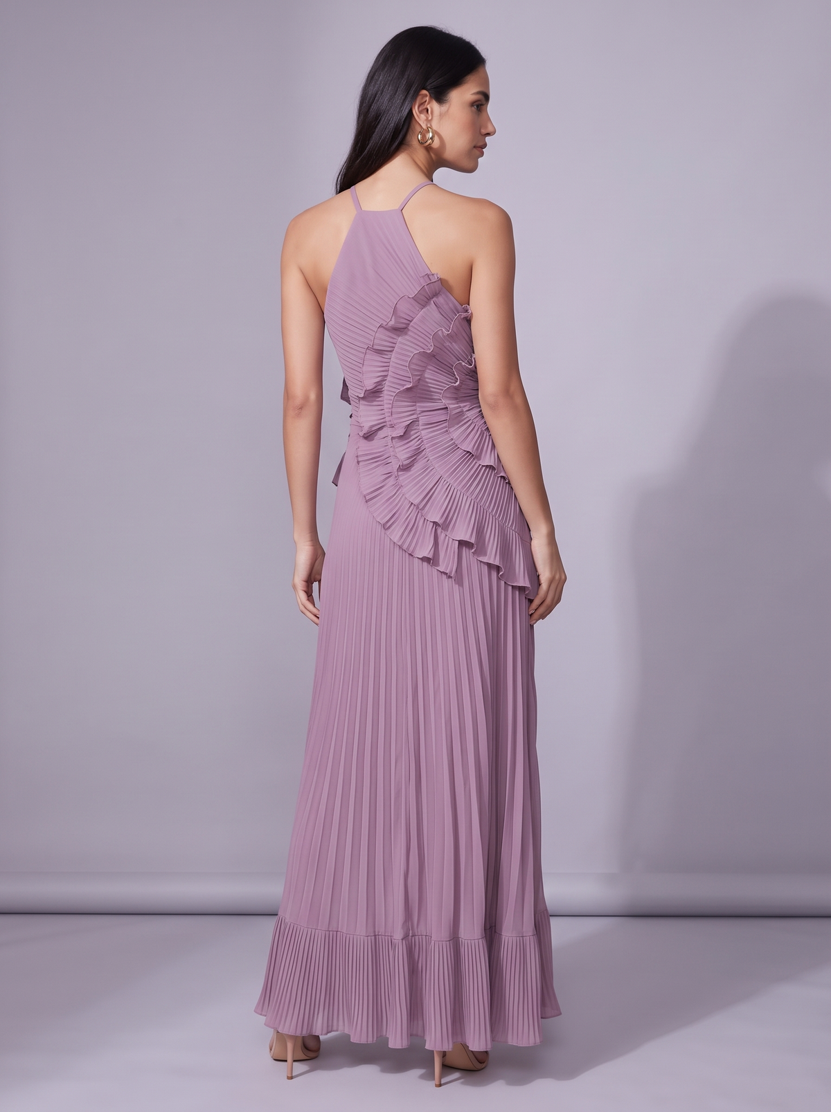 Santorini Pleated Ruffle Maxi Dress in Light Purple — back