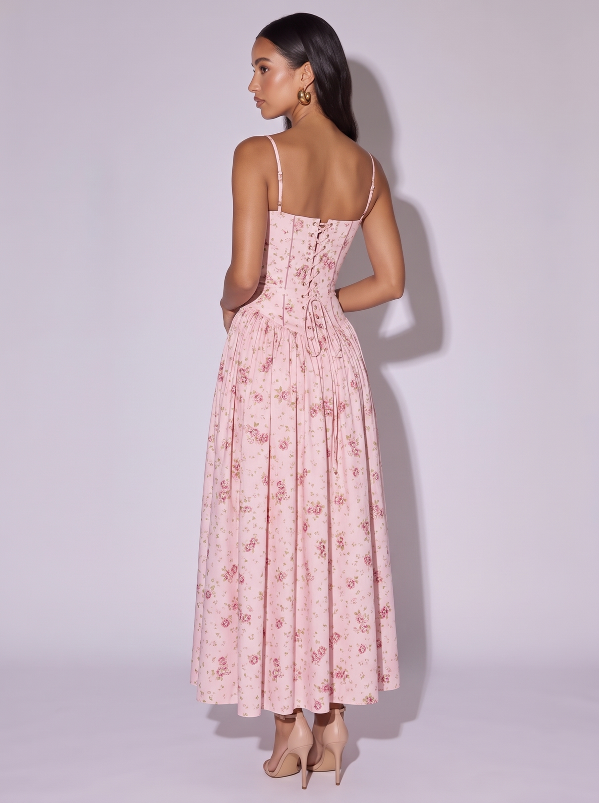 Amsterdam Floral Corset Midi Dress — Pink flowers — back