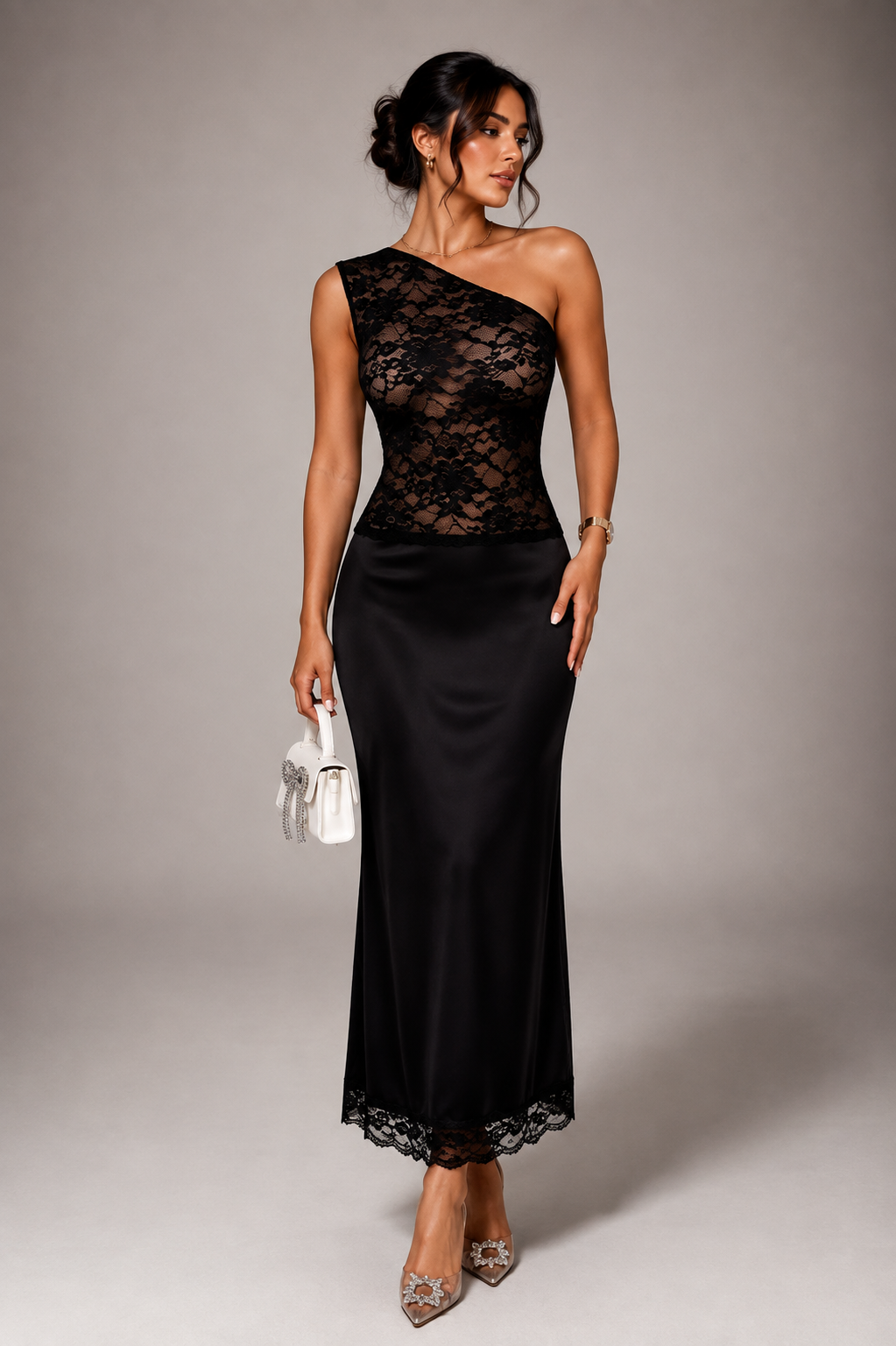 London One-Shoulder Lace Trimmed Dress in Black