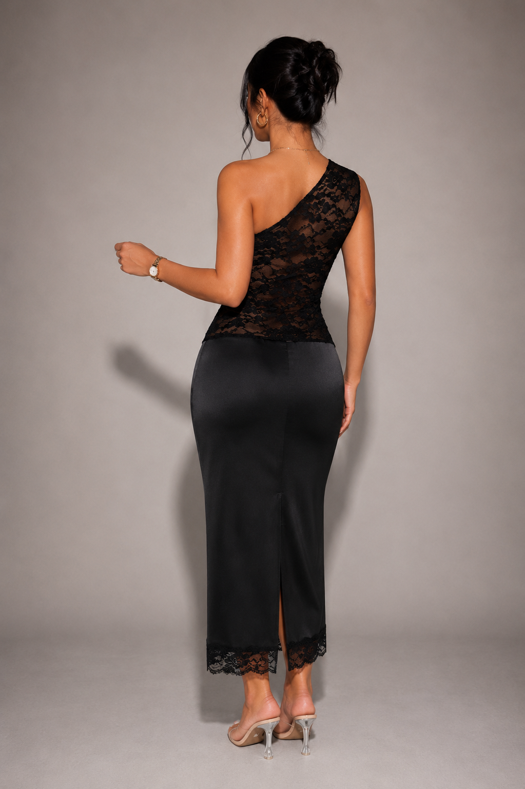London One-Shoulder Lace Trimmed Dress in Black