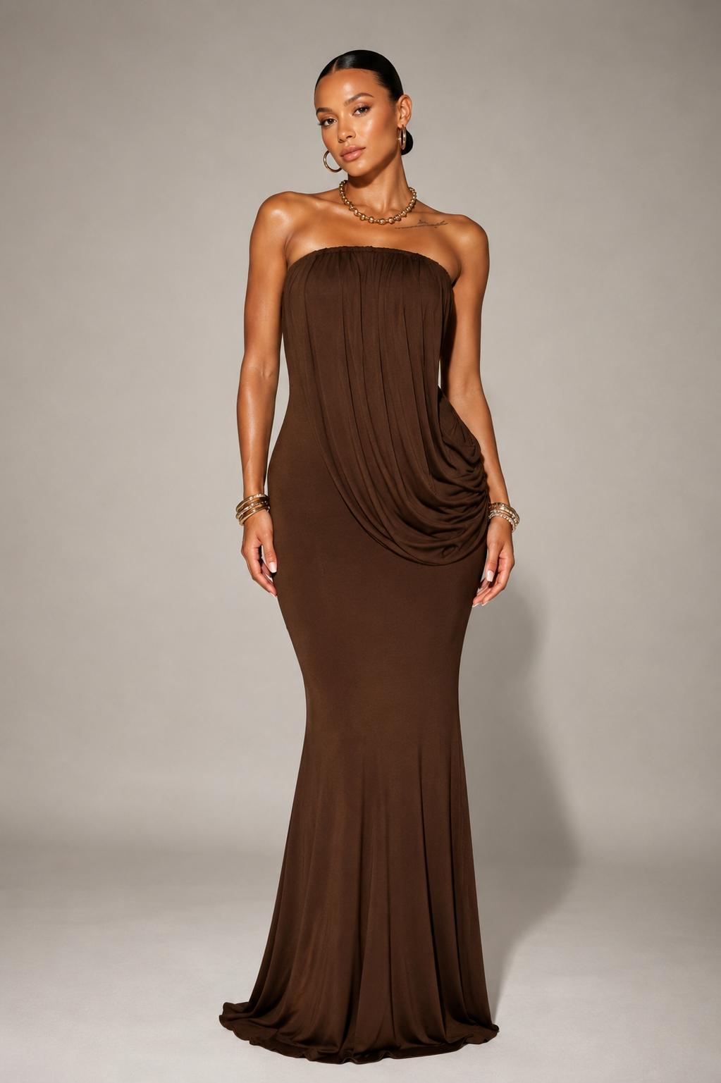 Monaco Strapless Draped Dress in Brown