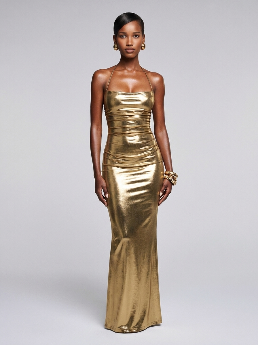 Los Angeles Ruched Halter Neck Dress in Gold