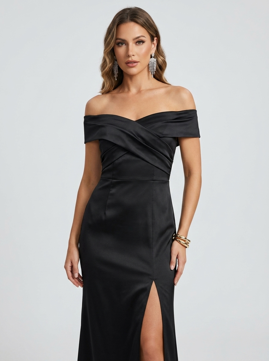 Los Angeles Off-Shoulder Split Dress in Black