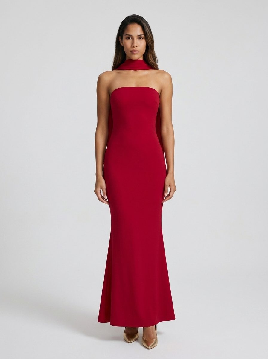 Tube Mermaid Maxi Dress with Scarf Detail in red, front view