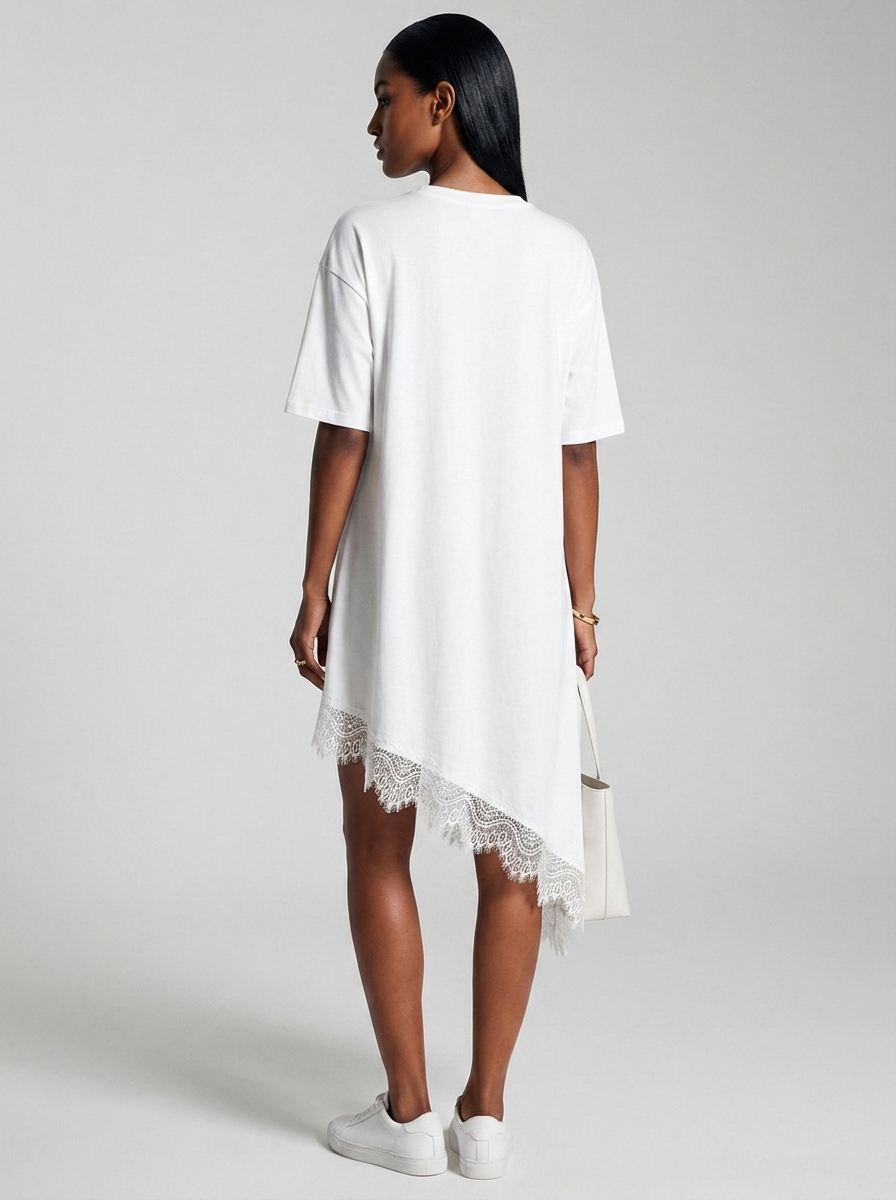 Lace Trim Asymmetrical Hem T-shirt Dress in white, back view
