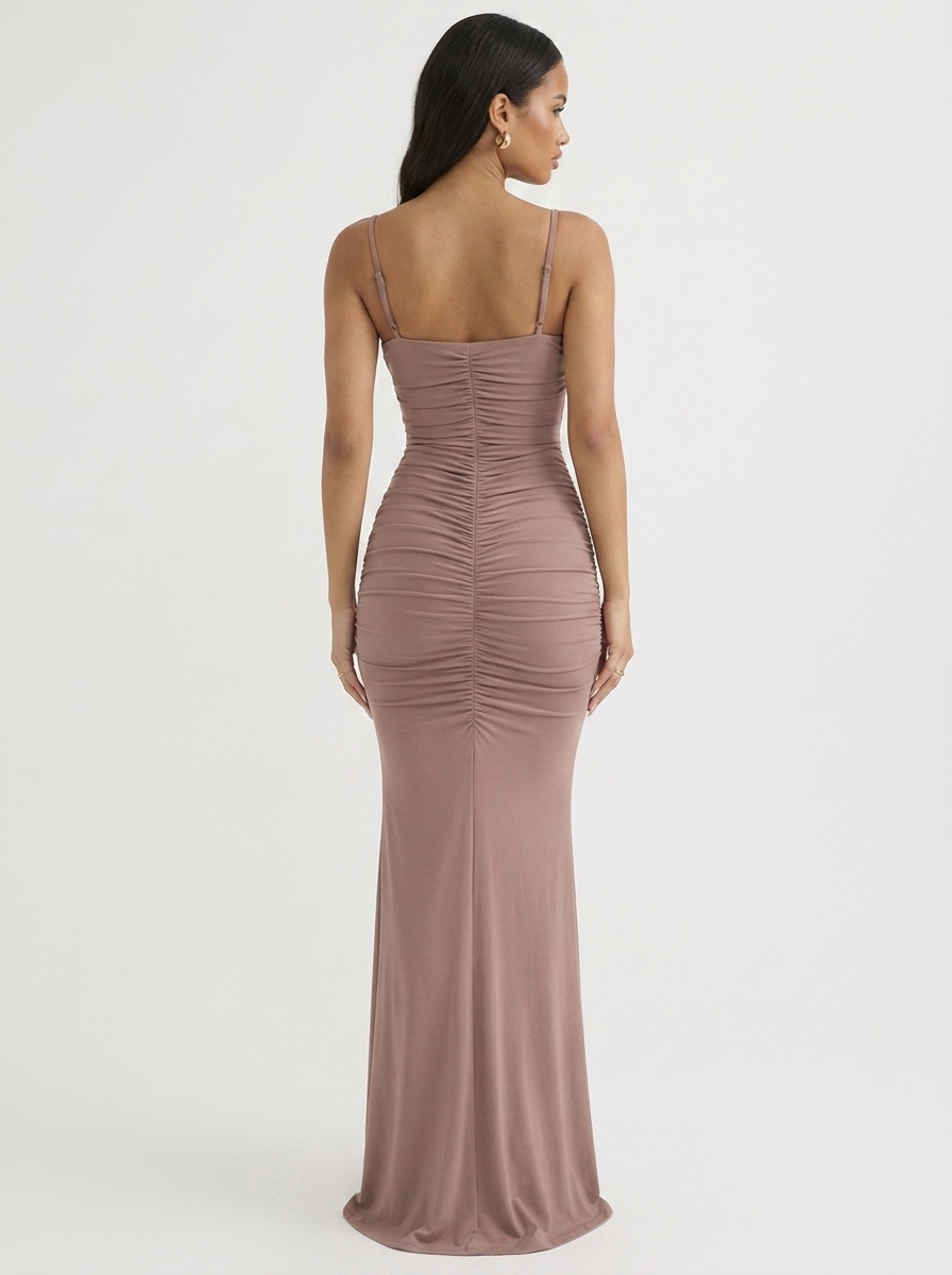 Monaco Ruched Spaghetti Strap Bodycon Dress in Khaki