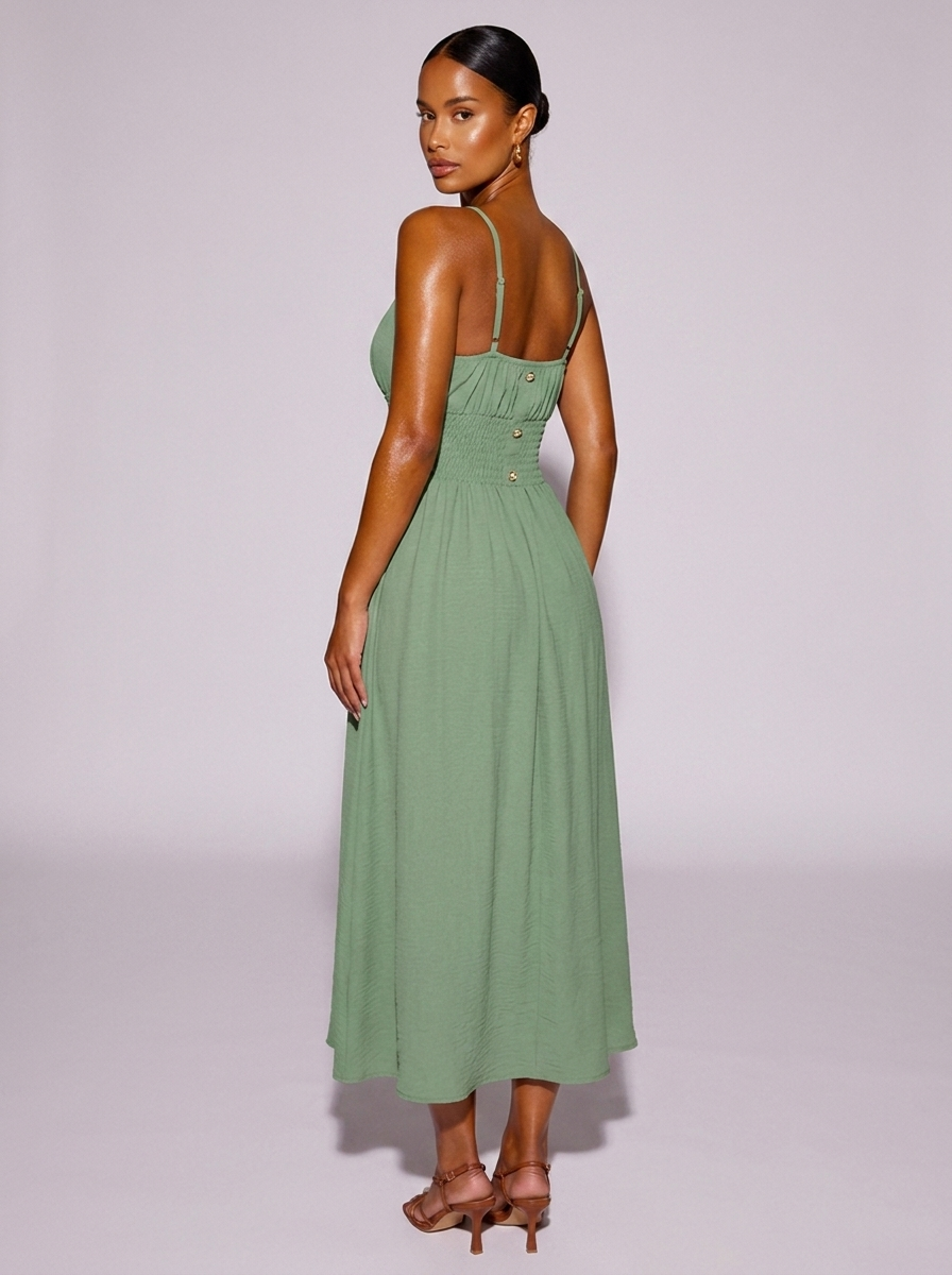 New York Smocked Spaghetti Strap Dress in Matcha Green