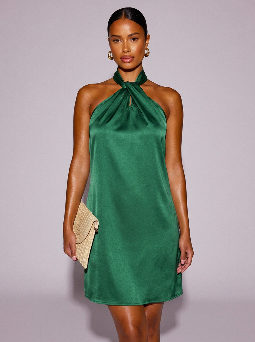Miami Grecian Neck Satin Dress in Dark Green