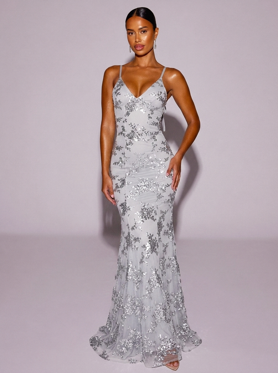 Monaco Sequin Tie Back V-Neck Dress in Grey
