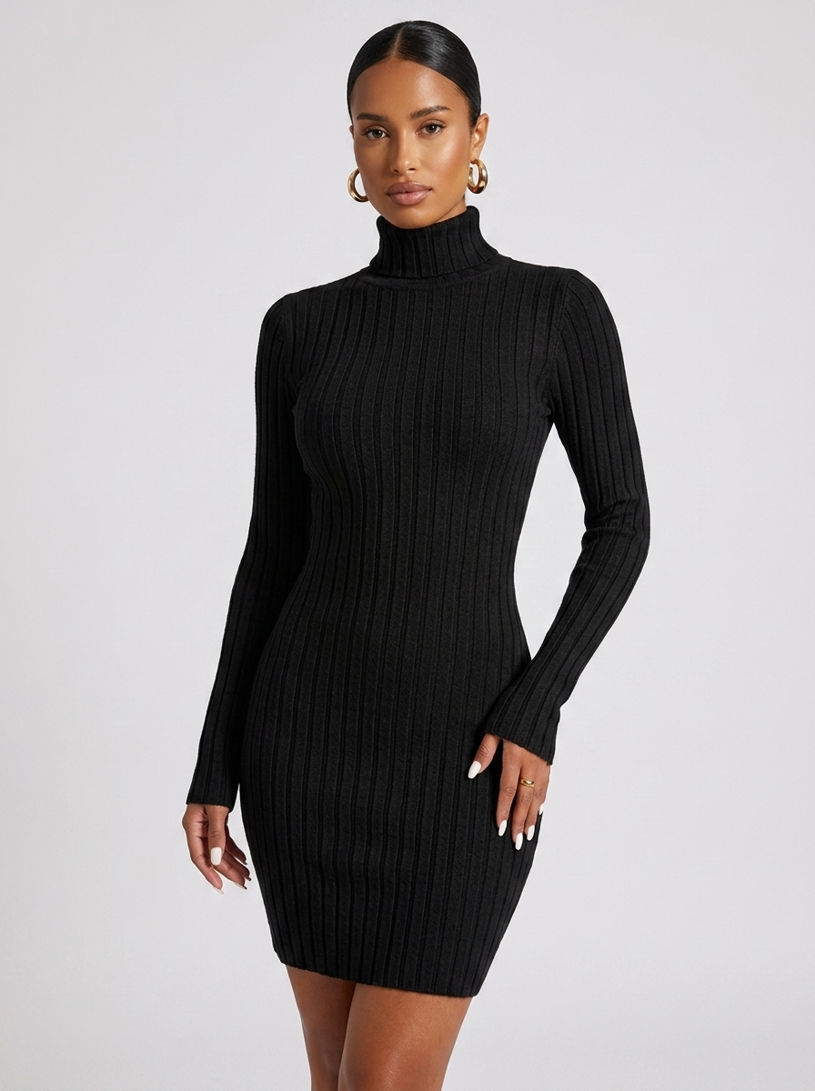 New York Turtleneck Ribbed Bodycon Dress in Black