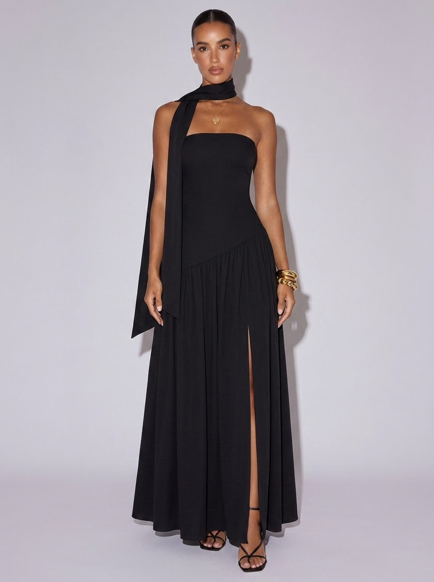 Monaco Slit Tube Scarf Dress in Black