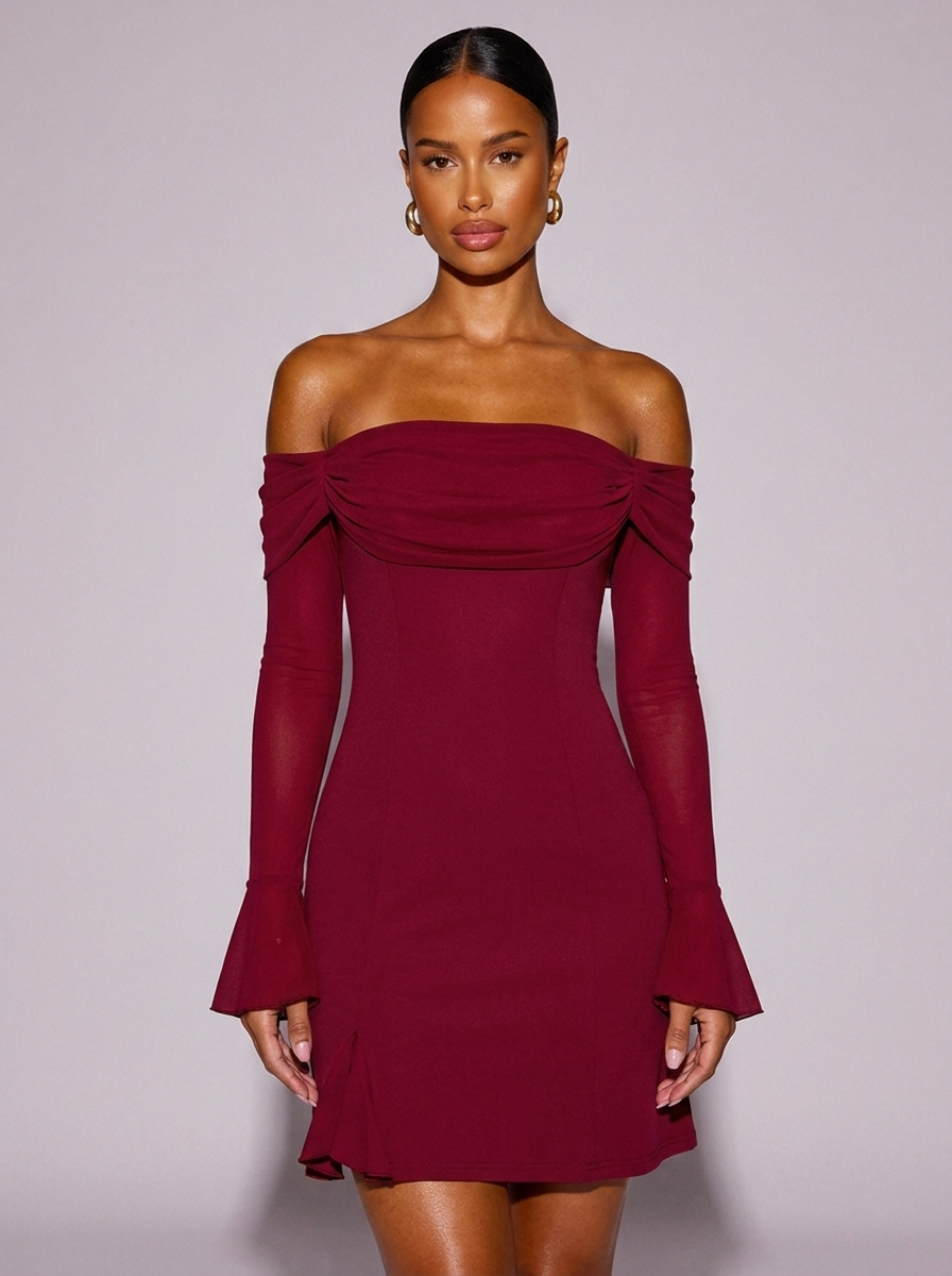 New York Off-Shoulder Long Sleeve Mesh Slit Mini Dress in Burgundy