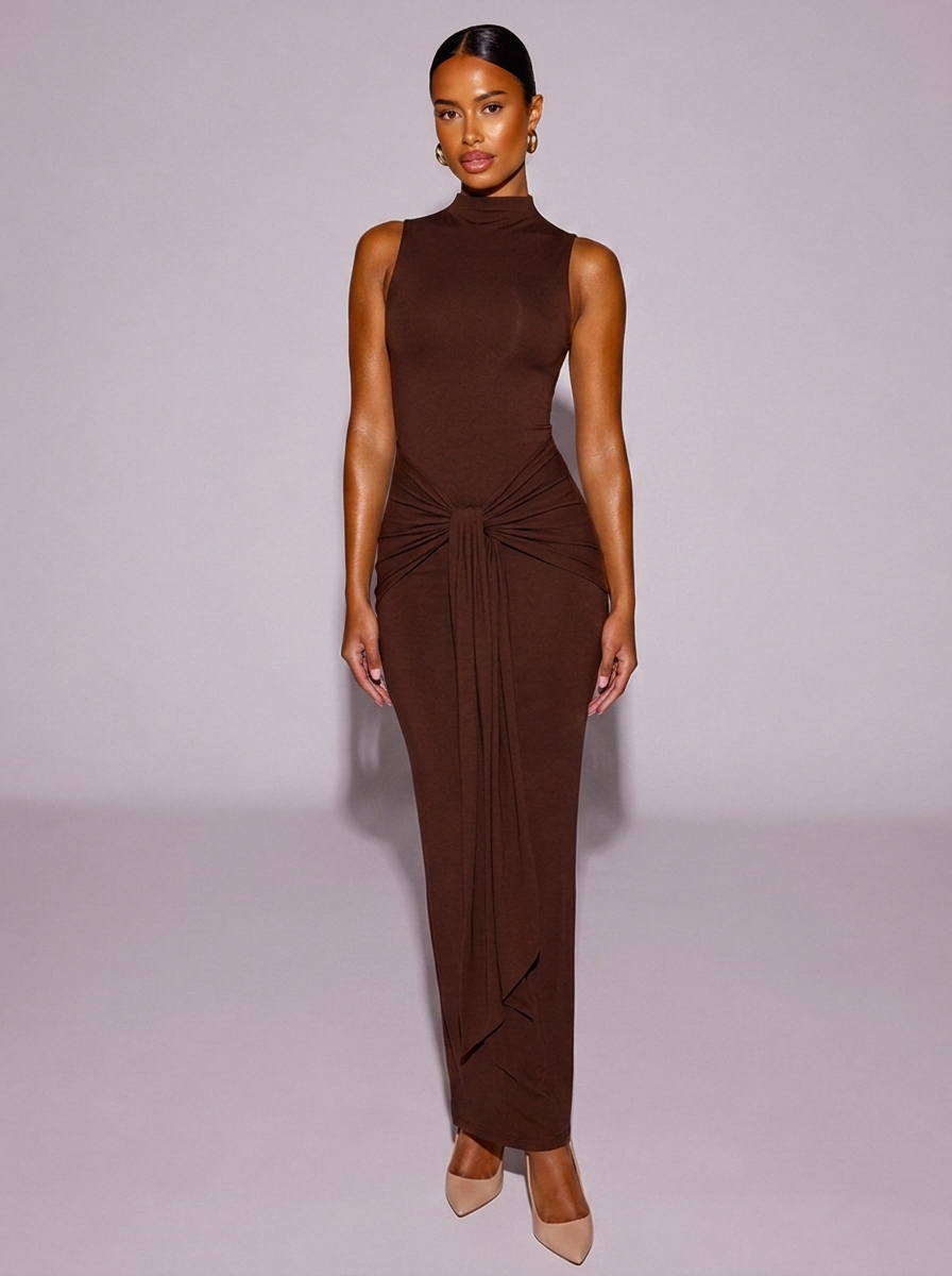 Monaco Sleeveless Neck Knot Dress in Dark Brown