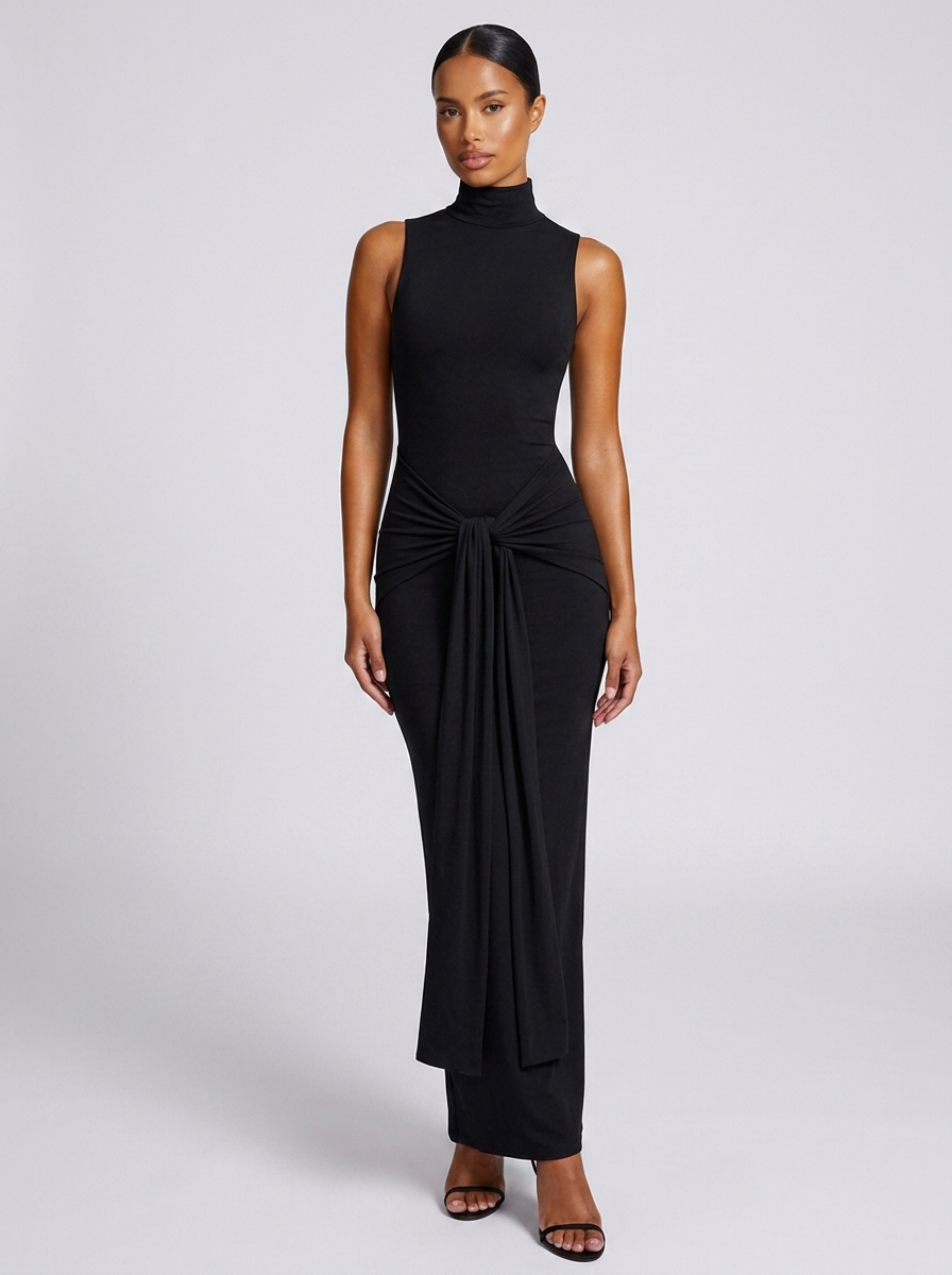 Monaco Sleeveless Neck Knot Dress in Black